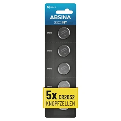 Afbeelding van ABSINA knoopcellen CR2032 3V 5 stuks Batterijen lekvrij en met lange houdbaarheid CR 2032, 2032 lithium batterijen, knoopcel voor autosluitingen enz