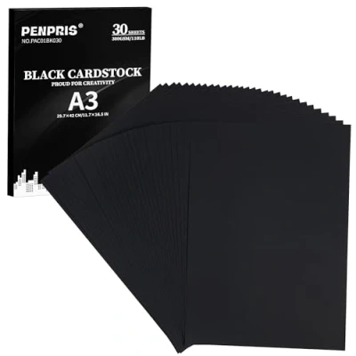 Afbeelding van 300gsm zwart karton 30 vellen A3 formaat kartonnen papieren omslag kaart voorraad 110 lbs zwaargewicht papier dik voor doe het zelf kaarten maken, uitnodigingen, ansichtkaarten,