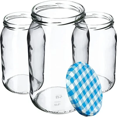 Afbeelding van KADAX Weckpotten, 900 ml, inmaakpot om in te doen, inmaakpotten voor schroefdeksel, inmaakpot, bruikbaar als jampot, voorraadpot, conservenglas (8 stuks, blauw geruit)