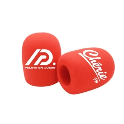 Afbeelding van 2 stuks gepersonaliseerde microfoon schuim voorruiten aangepast logo voor handgreep covers gedrukt tv interview, uitzending, radiostation (rood, rond)