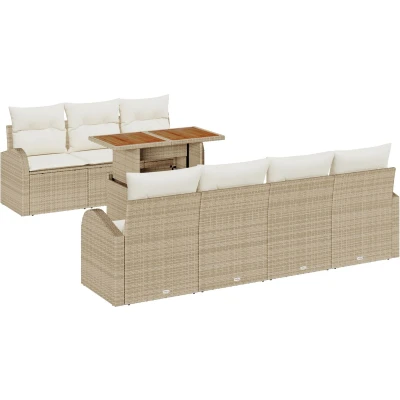 Afbeelding van vidaXL 8 delige Tuin Eettafel Set met Kussens Beige Poly Rattan Acacia