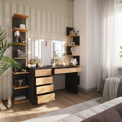 Afbeelding van Vicco Kaptafel Sherry, Antraciet/gouden eik, 120 x 75 cm met spiegel &amp; LED verlichting