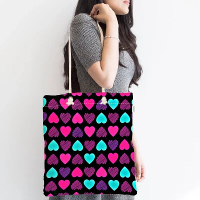 Afbeelding van Schoudertas Dames met rits Gekleurde hartjes op zwart Canvas 45x50 Strandtas Shopper tas tassen Zomer Hobby