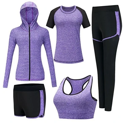 Afbeelding van ZETIY Trainingspak voor dames, yogakleding, pak van 5, sportpak, joggingpak, sportkleding, yoga, outfit, damesbeha, leggingset, paars, M