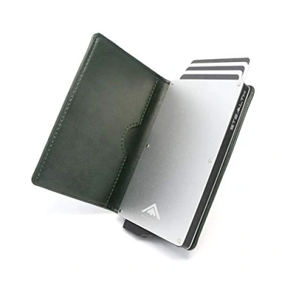 Afbeelding van STEALTH Wallet Slanke Lichtgewicht Minimalistische Kaarthouder Portemonnee Compacte RFID/NFC Blokkerende Pop up Portemonnees Kaarthouders met Geschenkdoos (Zilver Aluminium Groen Leer)