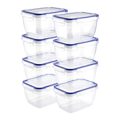 Afbeelding van Grizzly plastic Luchtdichte Voedselopslagcontainer set, 8x meal prep containers met deksels, rechthoekig, stapelbaar, breukvast, magnetron en vaatwasmachinebestendig