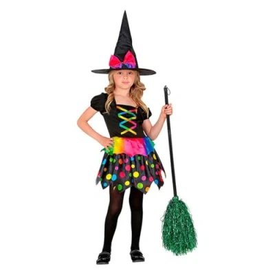Afbeelding van Widmann Heks &amp; Spider Lady Voodoo Duistere Religie Kostuum Gekleurde Polkadot Henrika Meisje Zwart, Multicolor Maat 140 Halloween Verkleedkleding