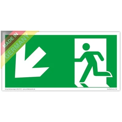 Afbeelding van Bord nooduitgang links, schuin neerwaarts extra lang oplichtend PVC zelfklevend 297x148mm volgens ASR A1.3 DIN 7010 67510 (vluchtwegschild reddingsweg) Dreifke® 160