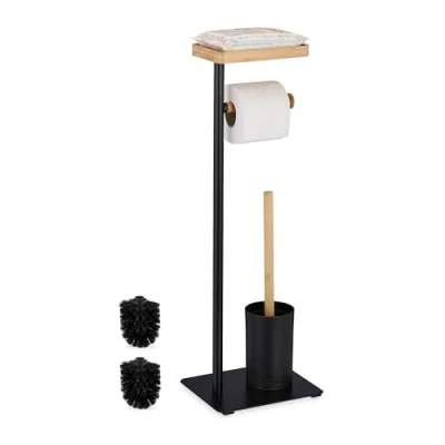 Afbeelding van Relaxdays toiletaccessoires set, wc rolhouder, toiletborstel, borstelhouder en plankje, bamboe ijzer, zwart/natuur