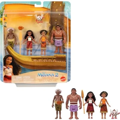 Afbeelding van Mattel Disney Moana 2 speelgoed, speelset met 5 kleine poppen in kenmerkende outfits en 3 accessoires, geïnspireerd op de film