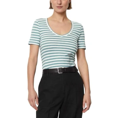 Afbeelding van Marc O&#039;Polo Short Sleeve Vneck Striped Tshirt print, Dames, Maat: XXS, Soft teal