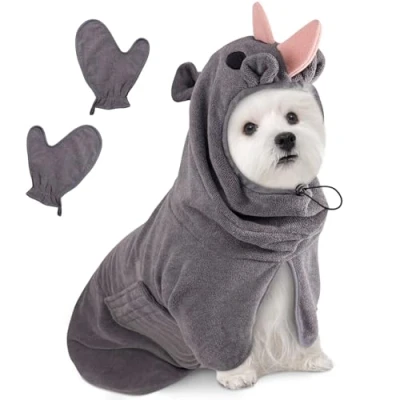 Afbeelding van Hondenbadjas, badjas voor honden, microvezel, zachte handdoek dinosaurus, om je hond te drogen na het zwemmen en baden (rinoceron grijs, S)