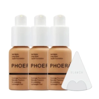 Afbeelding van Glamza Phoera foundation make up set met volledige dekking 24 uurs langdurige oliebestrijding zachte gladde matte vlekkeloze concealer crème Inc x3 30 ml en siliconen blender spons (106 warme zon)