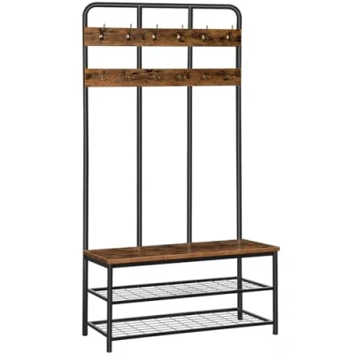 Afbeelding van HOOBRO Grote kapstok standaard, halboom met 12 haken en schoenenbank, 100 x 35,5 182 cm, pijpstijl in industriële ontwerpen, multifunctionele entree opbergplank, rustiek bruin EBF05MT01