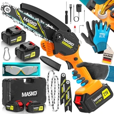 Afbeelding van MASKO® Mini kettingzaag met accu 8000 mAh, handkettingzaag, 8 inch, elektrisch 2 accu&#039;s 4000 voor tuinschaar, takkenschaar, houtsnijding, 800 W, automatisch oliesysteem, oranje