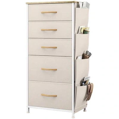 Afbeelding van YITAHOME Ladecommode, dressoir met zijzakken en haken, stof 5 laden handgrepen, metalen frame, houten blad, voor slaapkamer, woonkamer, kinderkamer, hal, beige