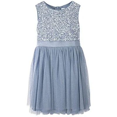 Afbeelding van Maya Deluxe Midi jurk voor meisjes, pailletten, feestjurk, tutu, bruidsmeisjes, bruiloft, met ceintuur, Dusty Blauw, 9 10 jaar