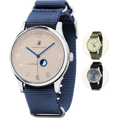 Afbeelding van Johnny Loco Luna Horloge Heren Mineraal Kristal 41,3mm Waterdicht tot op 100M Rosé