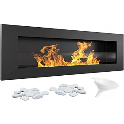 Afbeelding van KRATKI Delta Slim Bio Ethanol Kamin + Kieselsteine Trichter Für Wandmontage oder Eckeinbau, mit Verglasung l Biocontainer 0,4 l, TÜV geprüft Stahl, 40 x 90 cm, Schwarz