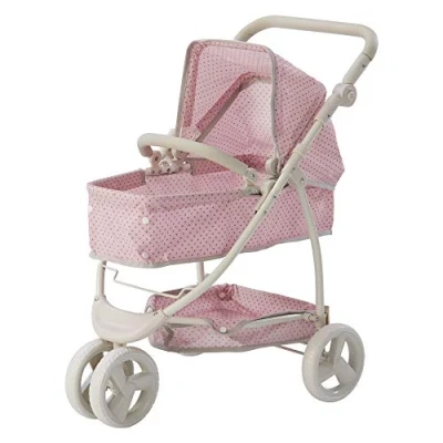 Afbeelding van Teamson Kids 2 in 1 Poppenwagen Voor Babypoppen Accessoires Poppen Kinderspeelgoed Roze/Grijs/Polka Dot