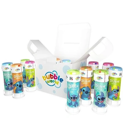 Afbeelding van Bubble World STITCH Party Pack 12 flessen bubbels 60 ml Effen tubes en geïntegreerde blazer Perfect voor verjaardagsfeestjes je kind zijn vrienden Made in Italy