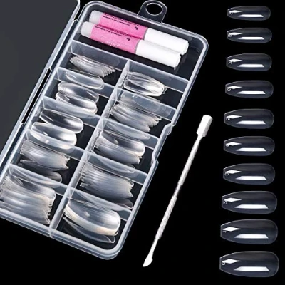 Afbeelding van 100 stuks valse nagels, heldere kunstnagels, kunstnagels met lijm en nagelriemschuiver, voor vrouwen meisjes, 10 maten