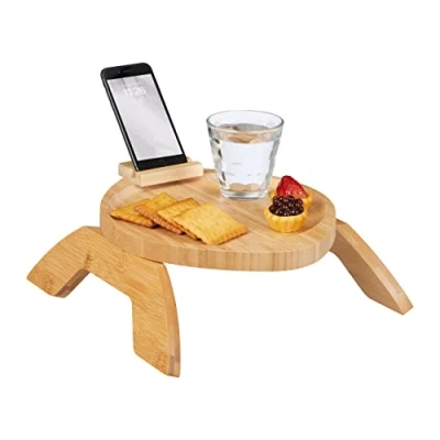 Afbeelding van Relaxdays armleuning tafeltje bank, dienblad met telefoonhouder, BxD: 25 x 30 cm, sofa, natuur