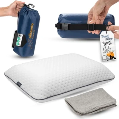 Afbeelding van Alkamto Reiskussen, campingkussen, traagschuim met Extra katoenen overtrek, inclusief tas, orthopedisch neksteunkussen (40 x 25 10 cm Wit kussensloop)