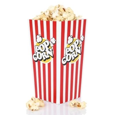 Afbeelding van FunX Popcornboxen, 12 stuks, groot, feestdozen voor bioscoop, filmavonden, kinderverjaardag en overnachtingsfeest, 9 x 17 cm, rood/wit gestreept