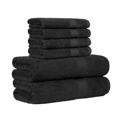 Afbeelding van Amazon Basics Handhanddoek, kleurecht, 6 stuks, 2 badhanddoeken en 4 handdoeken, 100 procent katoen, 500 g/m², zwart