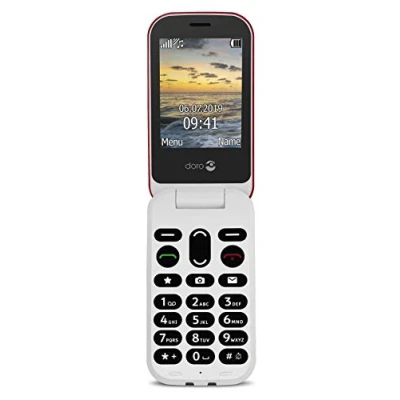 Afbeelding van Doro 6040 2G telefoon met ontgrendelde klep voor senioren Grote toetsen Ondersteuningsknop GPS Opladerstandaard inbegrepen Rood