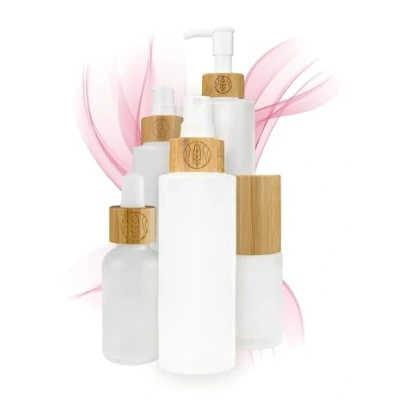 Afbeelding van Wachsmann Glazen flessen met bamboedeksel, doe het zelf natuurlijke cosmetica, geschenkverpakking, sproeikop, lotion en zeepdispenser, 30 ml, 100 150 ml (100 spuitkop, gegraveerd, 3 stuks)