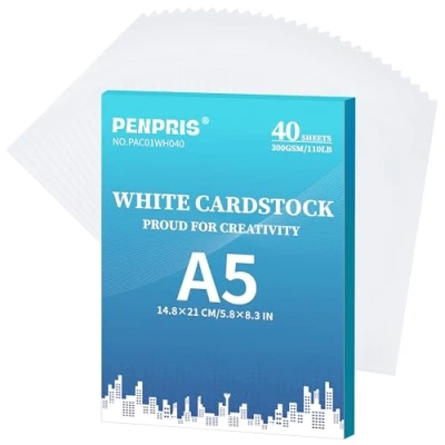 Afbeelding van 300 g/m² wit karton 40 vellen A5 formaat kartonnen papieren omslag kaart voorraad 110 lbs zwaargewicht papier dik voor doe het zelf kaarten maken, uitnodigingen, ansichtkaarten,