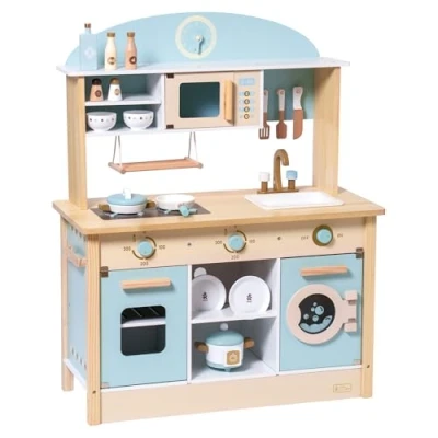 Afbeelding van ROBUD Speelkeuken van hout voor kinderen en peuters, poppenkeuken, accessoires met magnetron, wasmachine, rijstkoker, servies, cadeaus vanaf 3 jaar