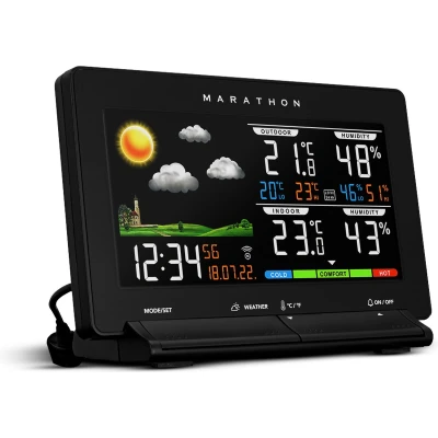 Afbeelding van Marathon Lisbon Weerstation Kleurenscherm Alarm Binnen en buitentemperatuur buitenvochtigheidsgraad Comfortindicator Geleverd met thermo hygrosensor Zwart Proudly Canadian