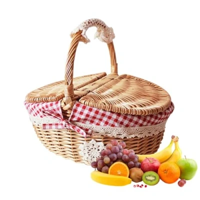 Afbeelding van Fiorky Rieten picknickmand met deksel en handvat, geweven picknickmand, handgemaakte snoepmand, geschikt voor paaseieren, opbergmand, wijnmand, natuurlijke wilgenmand, lege mand picknick,