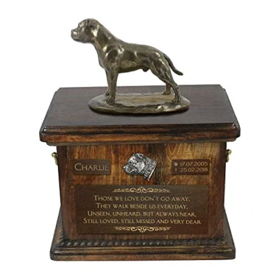 Afbeelding van Art Dog Custom Sitting Statue Memorial Urn Handgemaakt koud gegoten brons op berkenhouten voet 8,3x11,4x8,7 5l Engelse Staffordshireterriër