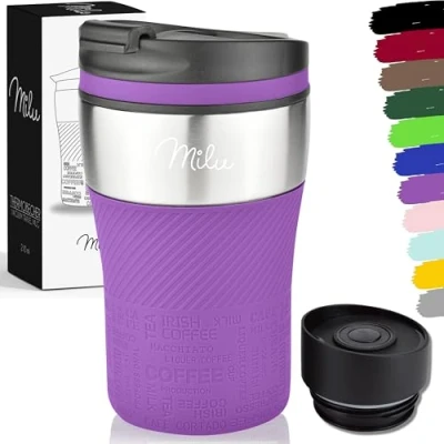 Afbeelding van Milu thermobeker 210 ml 100% lekvrij isoleerbeker, koffiebeker te gaan, drinkbeker van roestvrij staal autobeker dubbelwandige isolatie reismokken Travel mug (210ml, Paars)