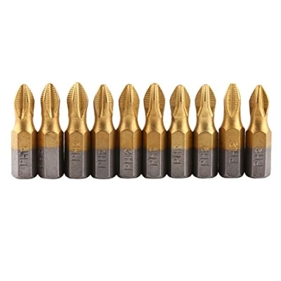 Afbeelding van 10 STKS 1/4 `` Schacht Schroevendraaier Kit, Impact Titanium Coated PH2 Phillips Insert Bit Set, 25mm Lengte Magnetische S2