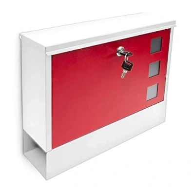 Afbeelding van Relaxdays Moderne brievenbus aflsuitbaar krantenvak wandbrievenbus diverse kleuren wit rood