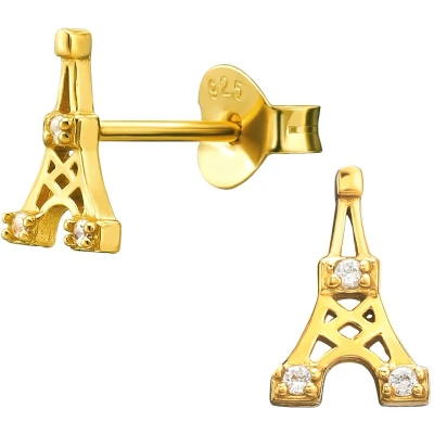 Afbeelding van JoyS Zilveren eiffeltoren oorbellen 5.5 x 8.5 mm zirkonia oorknoppen 14k goudplating / goldplated