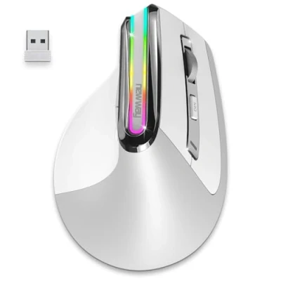 Afbeelding van NEWWAY 2024 Nieuw Draadloze Verticale Muis A9 WiFi 2.4 GHz Bluetooth 3.0/5.0 USB C Oplaadbaar RGB 2400 DPI Ergonomisch Stil Geïntegreerde Nano Ontvanger 10M Wit