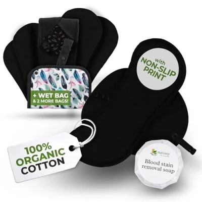 Afbeelding van Tieners herbruikbare menstrual pads, 6 pack; MINI; organisch katoen; zwarte heks; vleugels