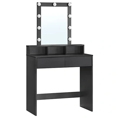 Afbeelding van VASAGLE kaptafel make up tafel met spiegel en gloeilampen, instelbare helderheid, cosmetische 2 lades 3 open vakken, 80 x 40 145 cm, zwart RDT114T16