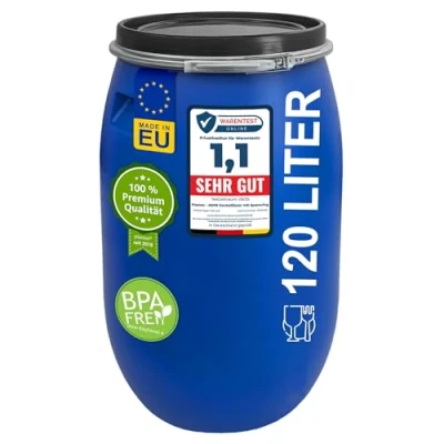 Afbeelding van plasteo® 120 liter brede hals met deksel en spanring, voederton kunststof vat, universeel dekselvat, geschikt voor levensmiddelen, watervat, regenton, opslagvat, stabiele handgrepen, blauw