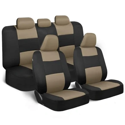 Afbeelding van BDK OS309 PolyPro autostoelhoezen Volledige set in beige op zwart voor en achterbankhoes autostoel, eenvoudig te installeren met tweekleurig accent, universele pasvorm interieuraccessoires auto vrachtwagen van SUV