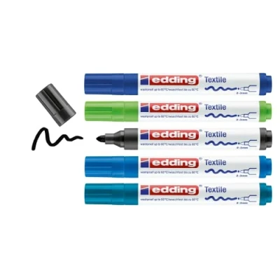 Afbeelding van edding 4500 textielmarker zwart, 3x blauw, groen 5 stuks ronde punt 2 3 mm Textielstiften wasmachinebestendig (60C) om op textiel te tekenen Textielstift