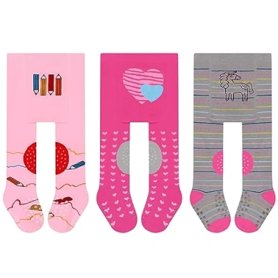 Afbeelding van L&amp;K II 3 pack kruipmaillot baby meisjes jongens panty met ABS zool antislip noppen stippen dier hart motief, 2732B serie, 80/86 cm