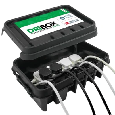 Afbeelding van DRiBOX IP55 Weerbestendige Buitenshuis Elektrische Aansluitdoos Netsnoerbehuizing voor Kerstverlichting, Timers, Verlengkabels, Kabels, Rollen, Transformatoren (Zwart, Medium)