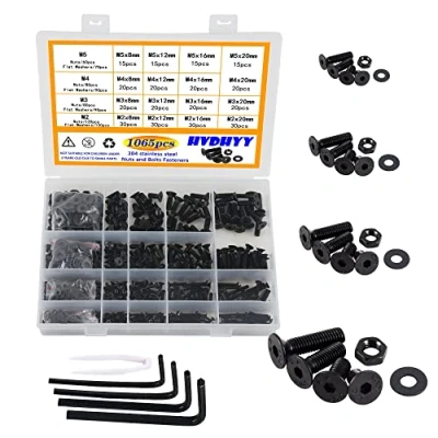 Afbeelding van HVDHYY Schroevenset, 1065 stuks, M2, M3, M4, M5, van koolstofstaal, cilinderschroeven met platte kop, zwart, machineschroeven, moeren en sluitringen, assortiment, ronde inclusief opbergdoos